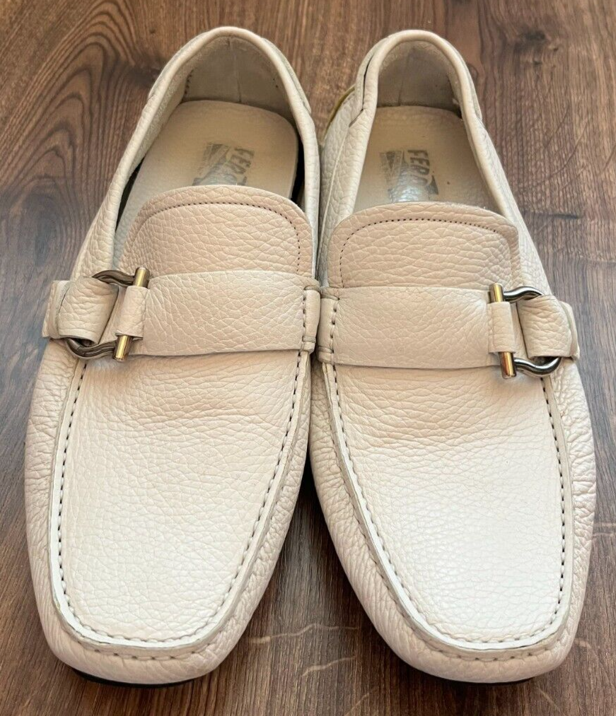 Salvatore Ferragamo Loafers Cabo White Pebbled Leather Side Buckle Size EEE 7