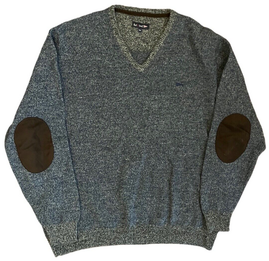 Paul Smith Sweater Pullover Gray Wool Elbow Patches V Neck Size Men XXL