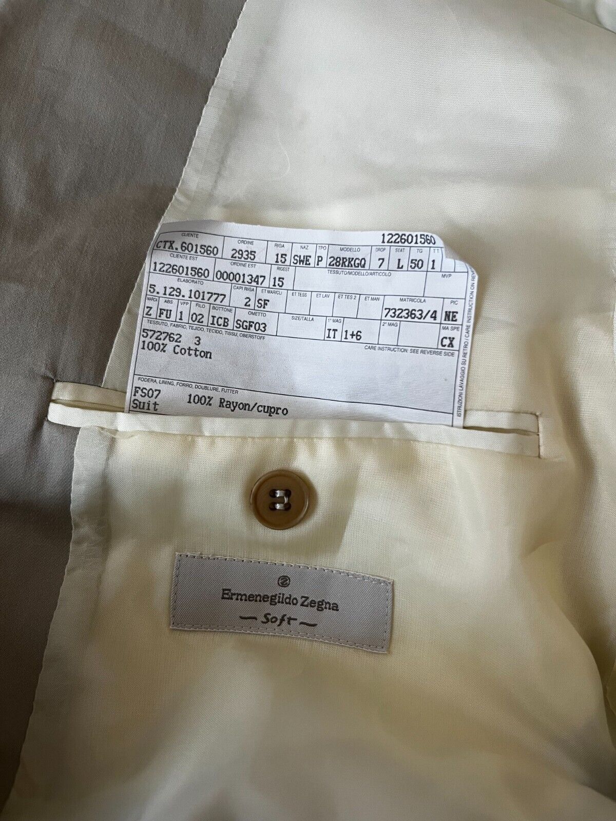Ermenegildo Zegna Beige Suit Jacket Blazer Soft Cotton Size 50