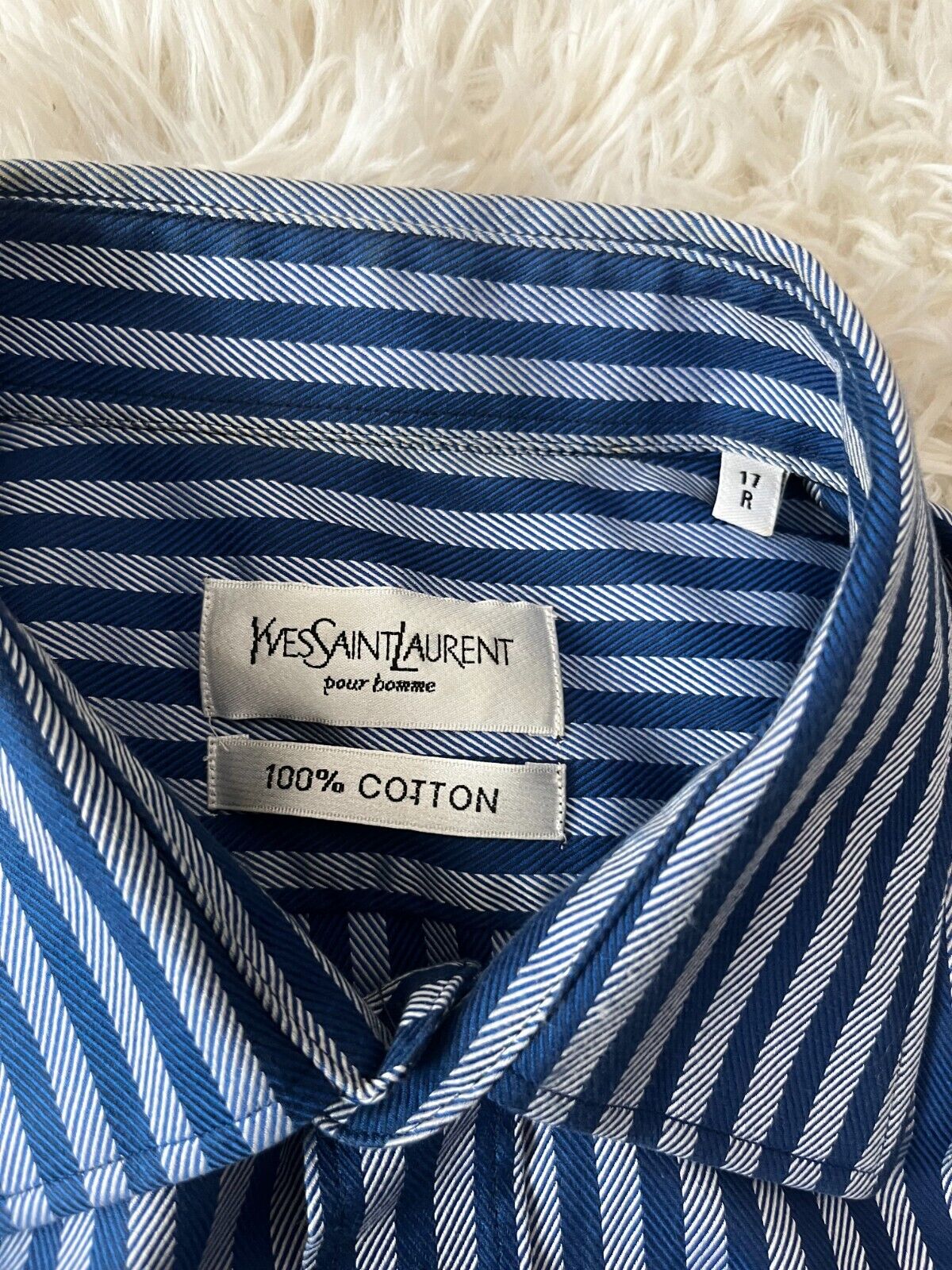 Yves Saint Laurent Button Up Long Sleeve Shirt Blue Striped Cotton Men Size 17R
