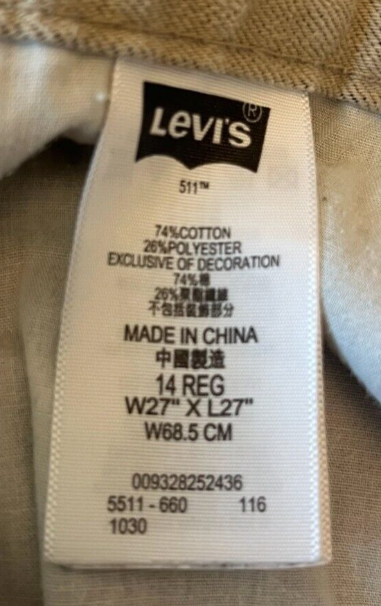 Levis 511 Beige Jeans Mens 27x27 Slim Fit Straight Leg Denim Red Tab