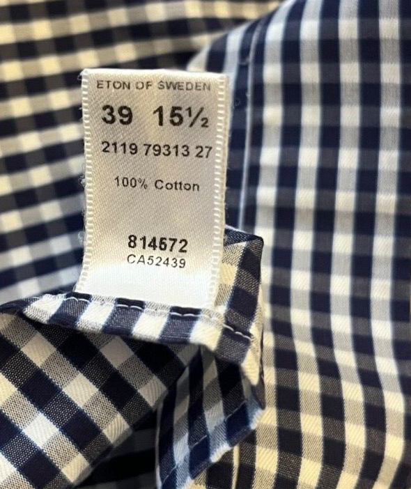 Eton Shirt Contemporary Ganghester Button Down Plaid Cotton Size Men 39 15 1/2