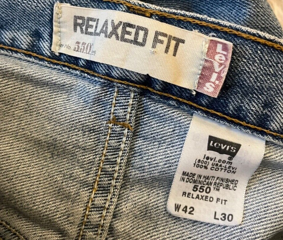 Levis 550 Size Men 42x30 Relaxed Fit Blue Straight Leg Red Tab Made in Haiti