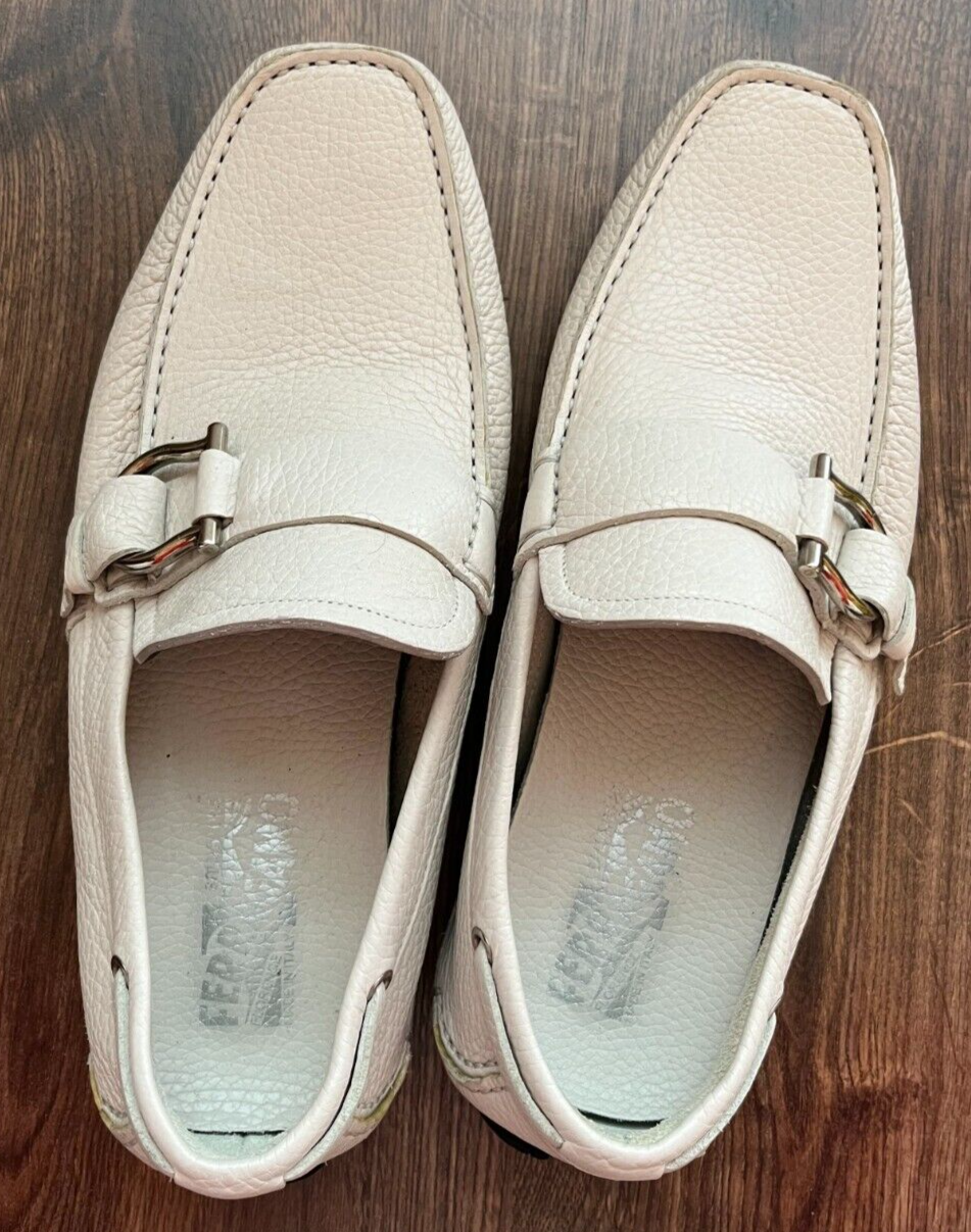 Salvatore Ferragamo Loafers Cabo White Pebbled Leather Side Buckle Size EEE 7