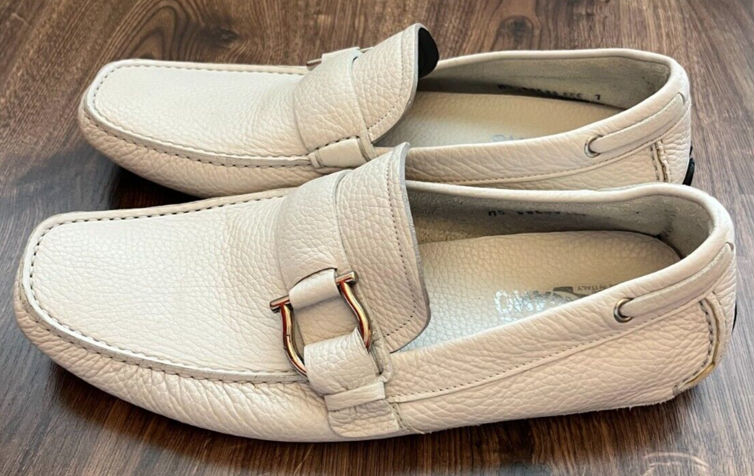 Salvatore Ferragamo Loafers Cabo White Pebbled Leather Side Buckle Size EEE 7