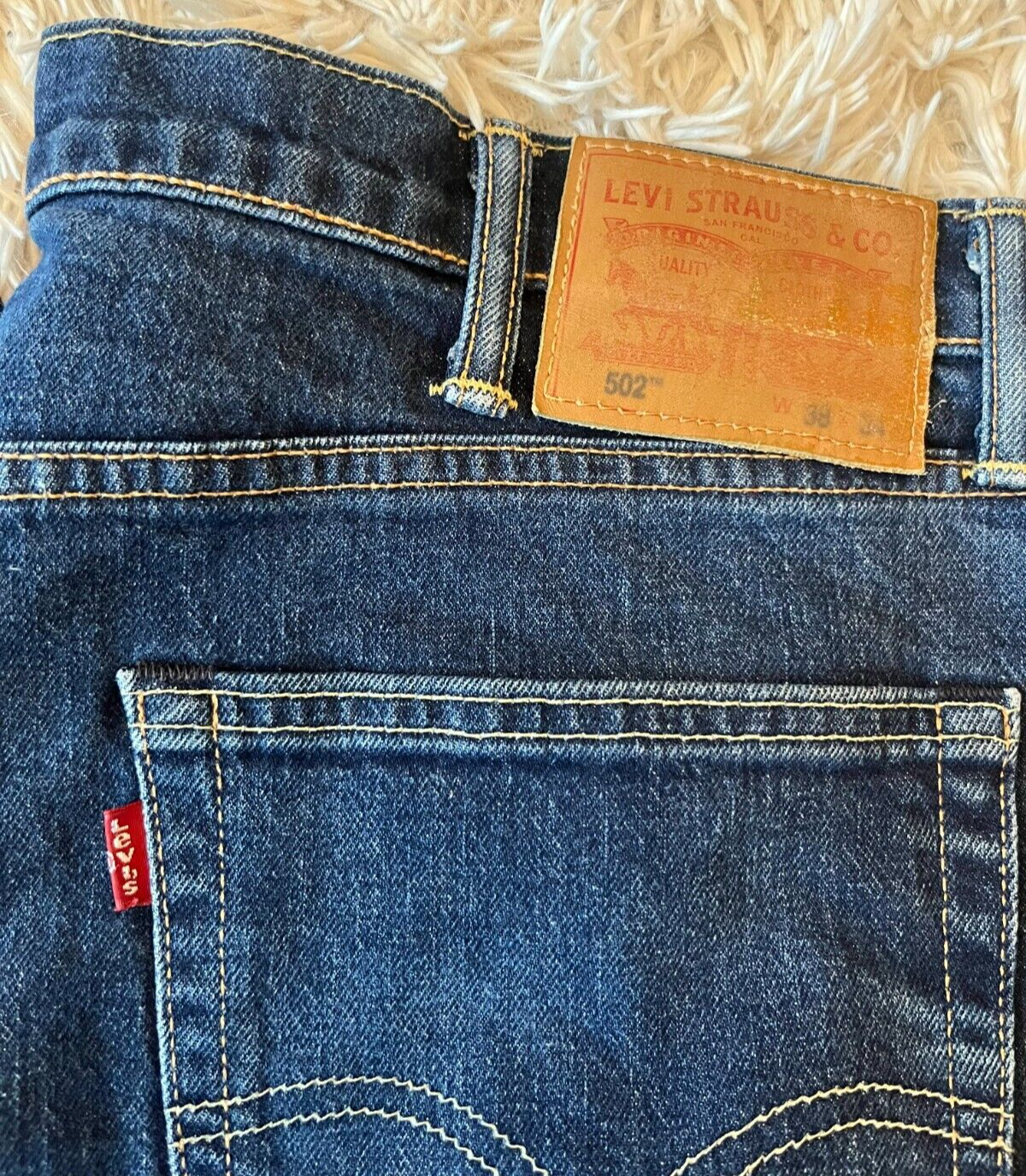 Levis 502 Blue Jeans Mens 38x34 Regular Fit Taper Straight Leg Denim Red Tab