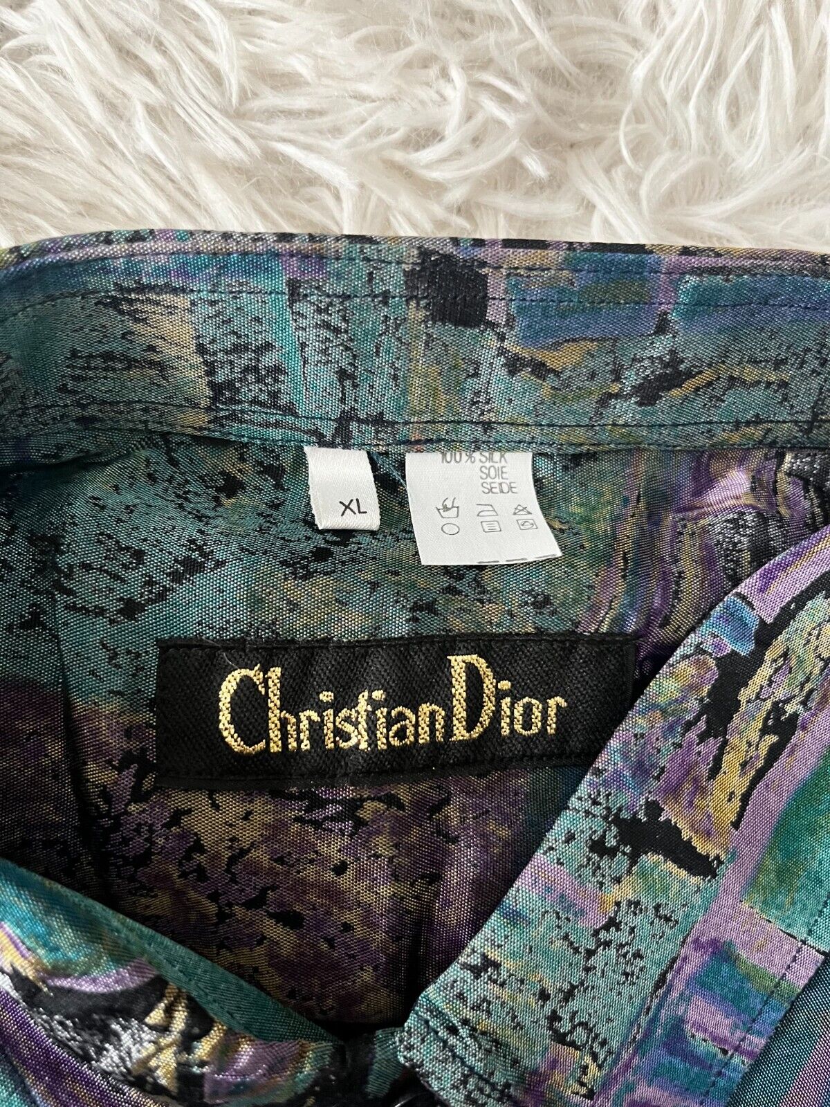 Vintage Christian Dior 70s Button Up Short Sleeve Shirt Silk Seide Men Size XL