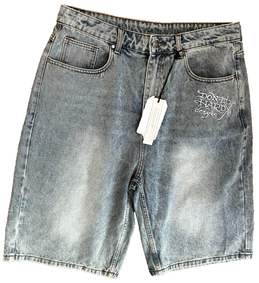 BNWT Ed Hardy Shorts Baggy Fit NYC Skull Denim Size Men XL Bleach Blue