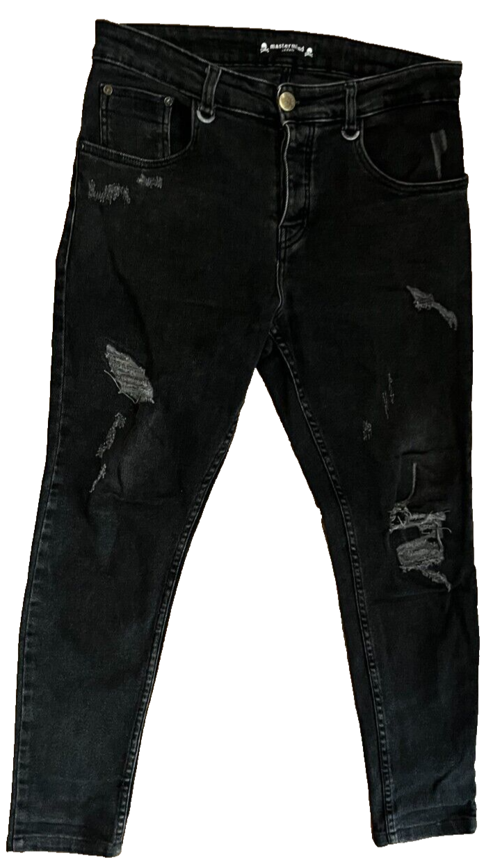 Rare Mastermind Japan Black Jeans Men 40x32 Skinny Fit Distressed Denim