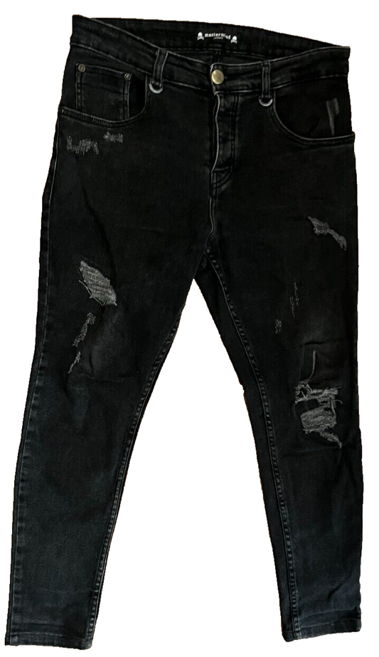 Rare Mastermind Japan Black Jeans Men 40x32 Skinny Fit Distressed Denim