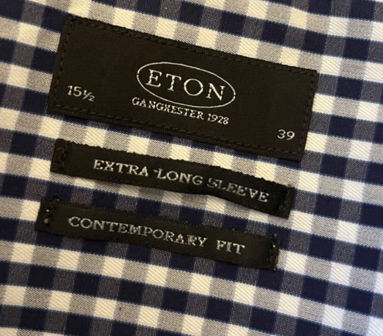 Eton Shirt Contemporary Ganghester Button Down Plaid Cotton Size Men 39 15 1/2