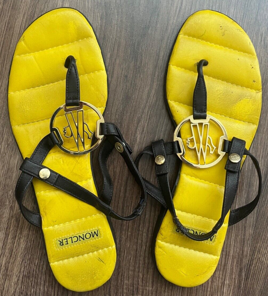 Moncler Sandals Flip Flops Yellow Rubber Leather Women Size 36 Made in Italy