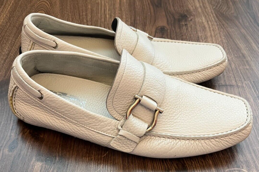 Salvatore Ferragamo Loafers Cabo White Pebbled Leather Side Buckle Size EEE 7