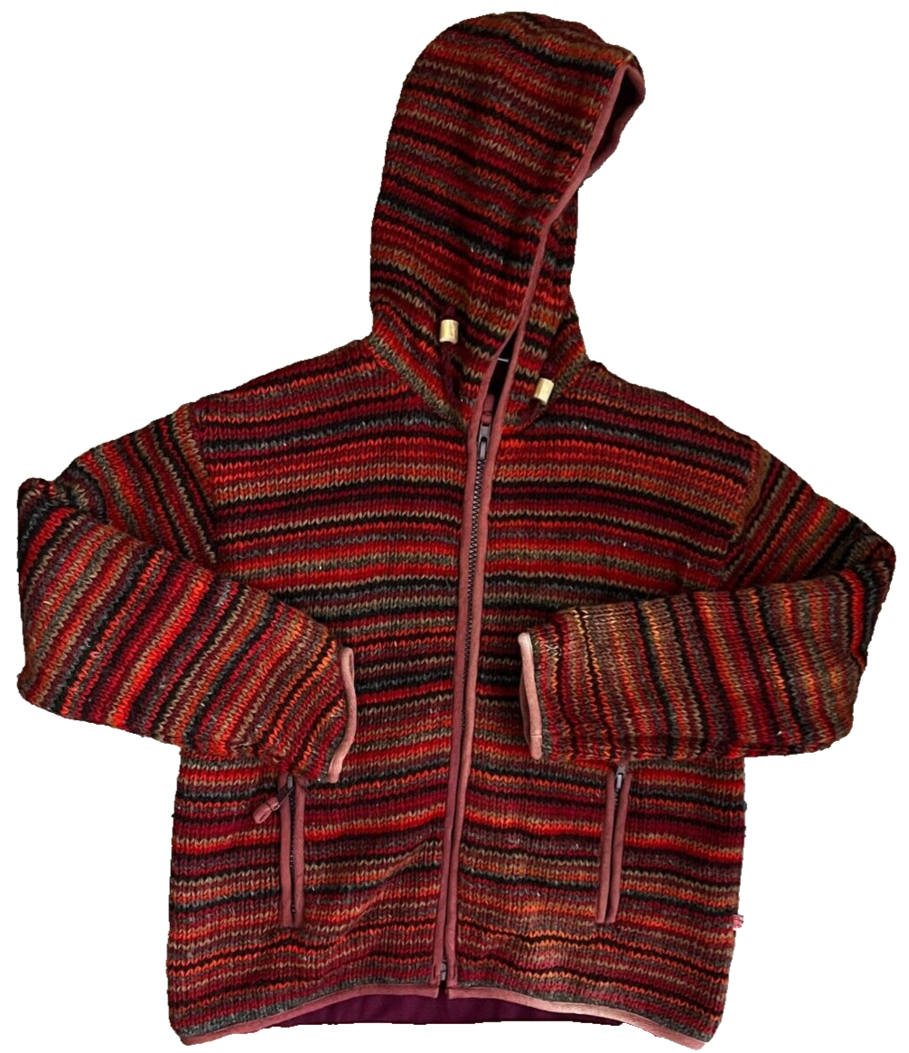 Pachamama Hand Made Wool Hoodie Sweater Handknit Sweatshirt Size M Made in Nepal