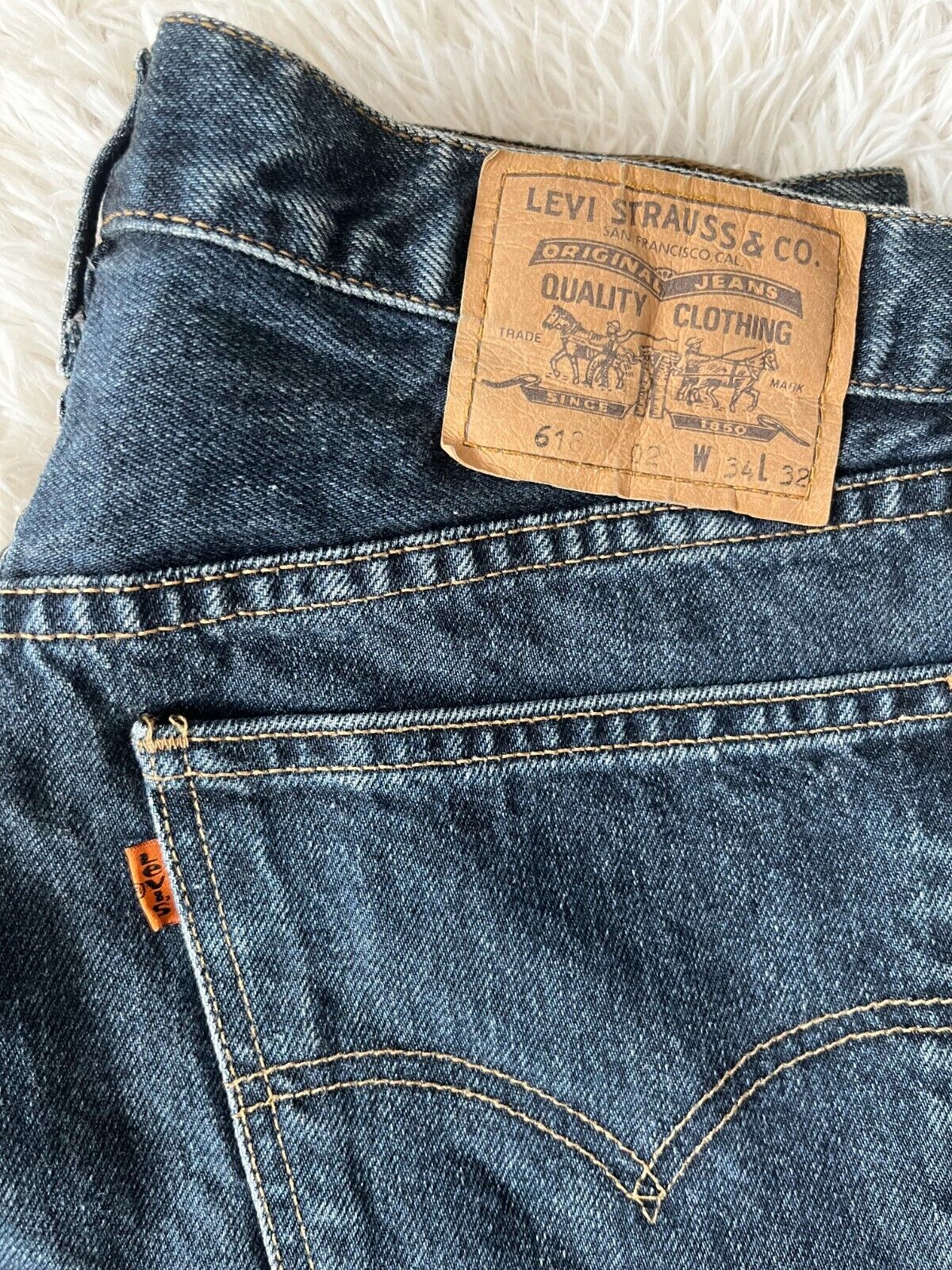 Vintage Levis 618 Blue Jeans Men 34x32 Straight Fit Denim Button Fly Orange Tab