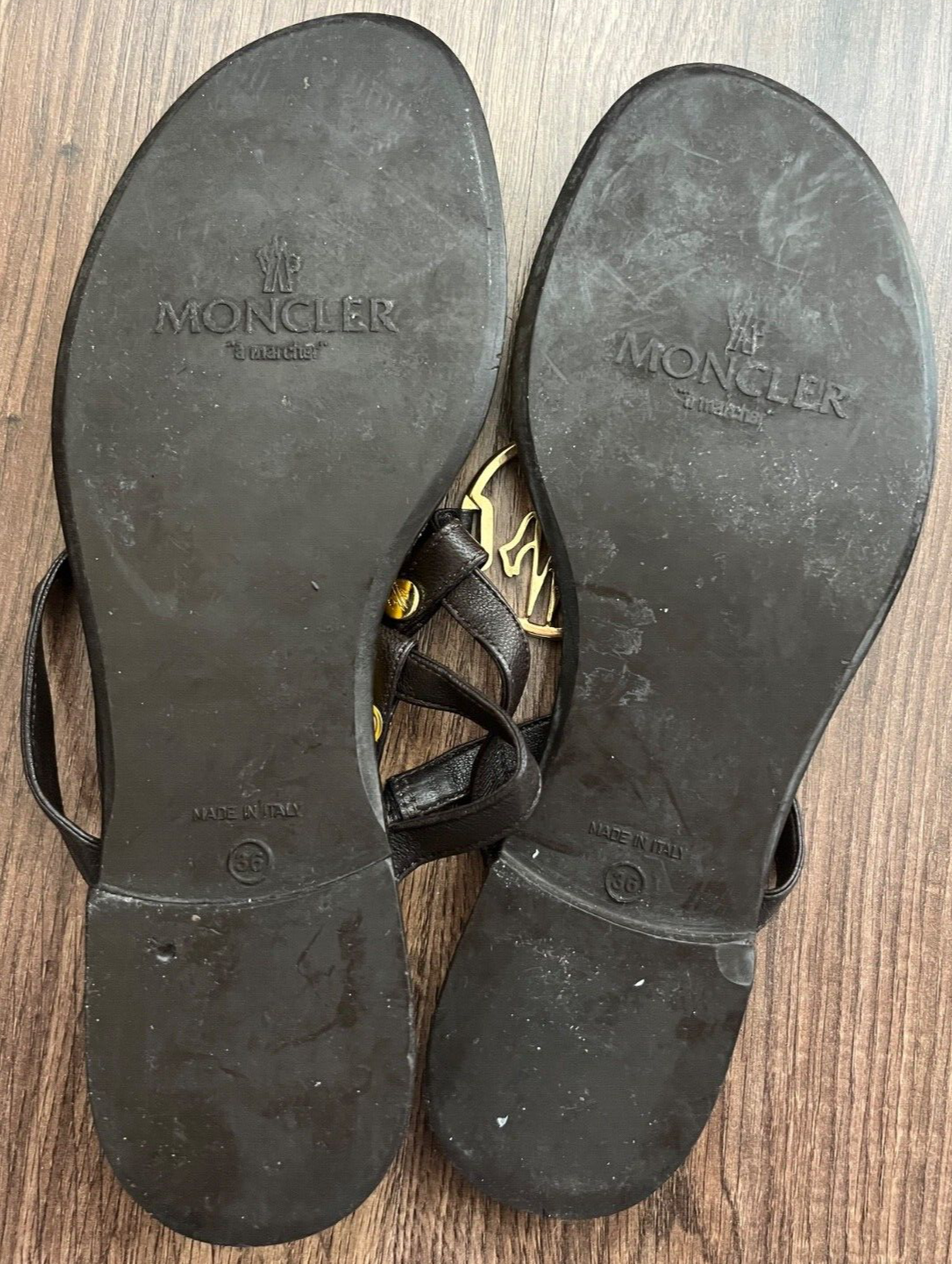 Moncler Sandals Flip Flops Yellow Rubber Leather Women Size 36 Made in Italy